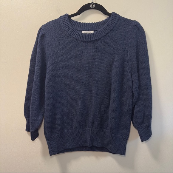 Evereve Women’s Navy Puff Shoulder 3/4 Sleeve Lacey Crewneck Sweater Sz M NWT - Picture 2 of 5